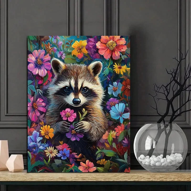 Cute Raccoon With Colorful Flowers Design 40x60cm Metal Print Ready to Hang - Bella Home Decor