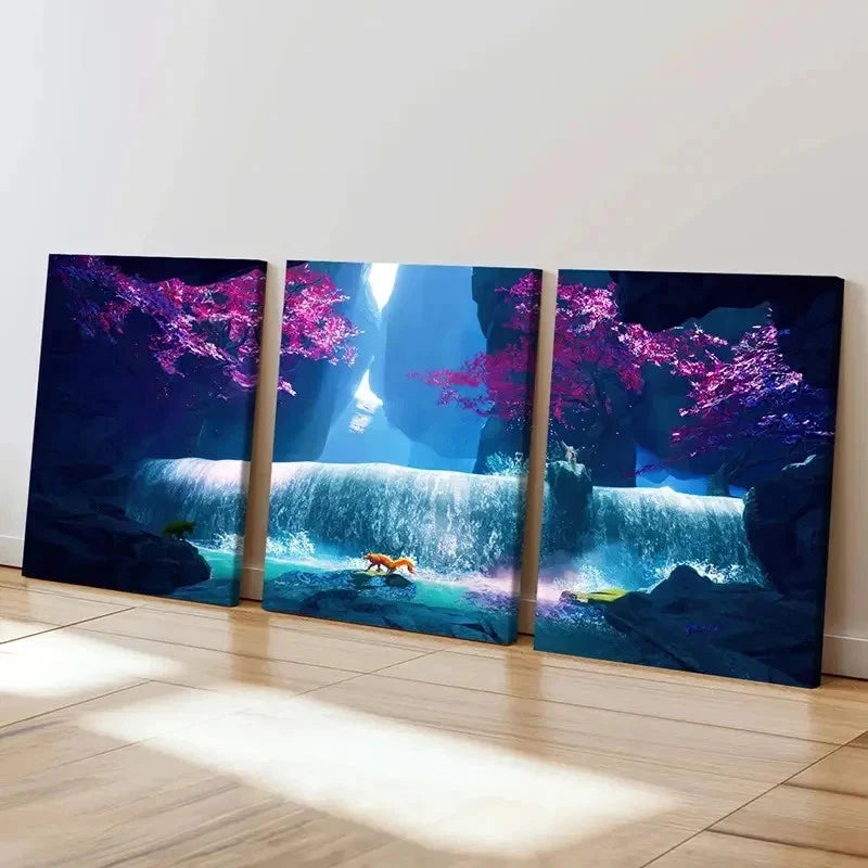 3pcs Fantasy Waterfall & Fox Vintage Wall Art Set Canvas Framed 50x70cm - High Quality Print 100% Australian Made Wall Canvas Ready to Hang