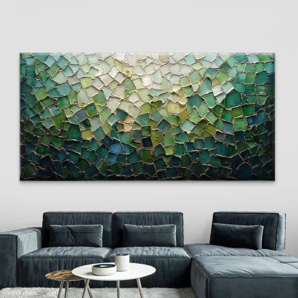 Abstract Green Mosaic Wall Art Canvas Office Home Room Framed 120x60cm