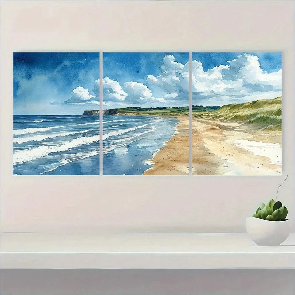 3pcs Coastal Green Hills Watercolor Metal Print Ready to Hang Art - Bella Home Decor