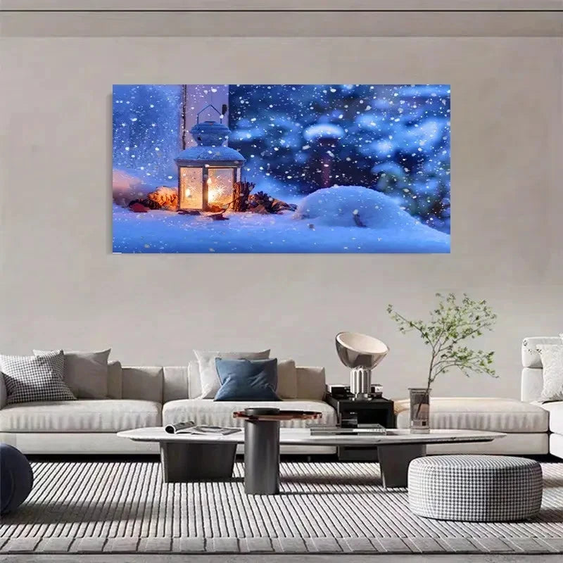 Snowfall & Candle Light Lantern Wall Art Canvas Office Home Room Framed 120x60cm - Bella Home Decor