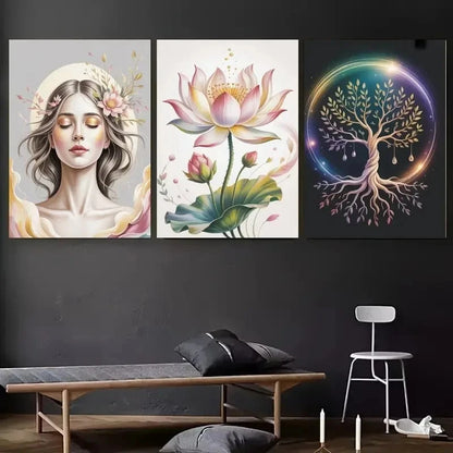 3pcs Lotus Flower, Tree of Life Wall Art Set Canvas Framed 50x70cm - High Quality Print 100% Australian Made Wall Canvas Ready to Hang - Bella Home Decor
