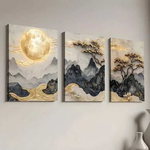 3pcs Chinese Luxury Points Golden Mountain Canvas Unframed - High Quality Print 100% Australian Made Wall Canvas