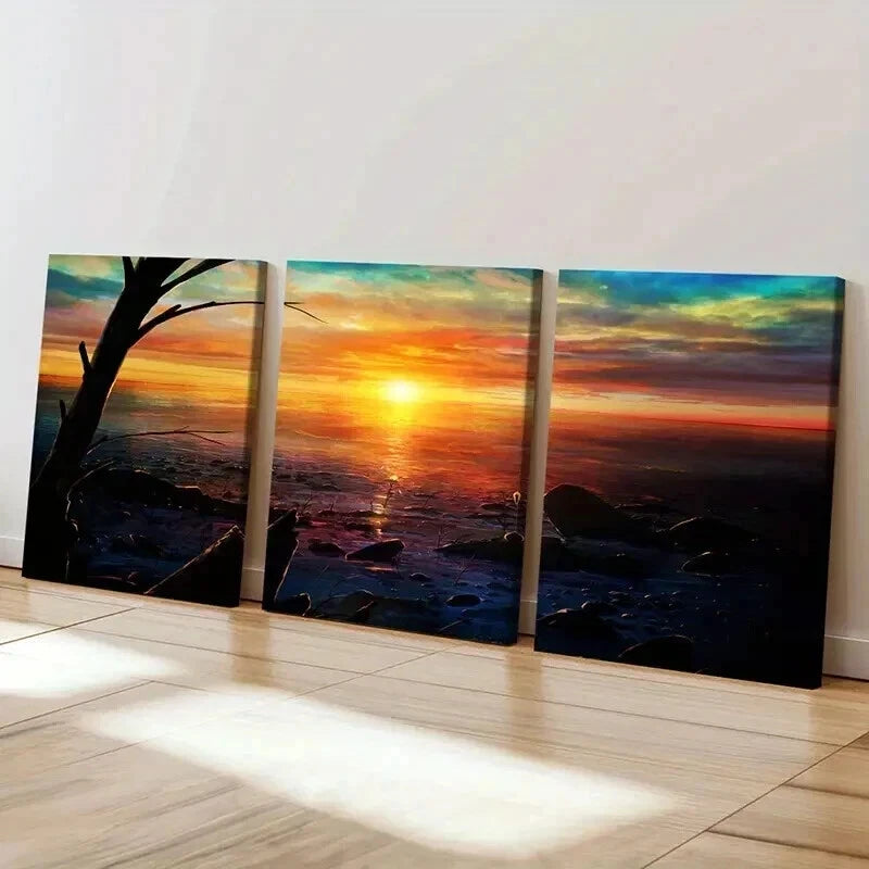 3pcs Vibrant Sunset by the Sea Landscape Wall Art Set Canvas Framed 50x70cm - High Quality Print 100% Australian Made Wall Canvas Ready to Hang - Bella Home Decor
