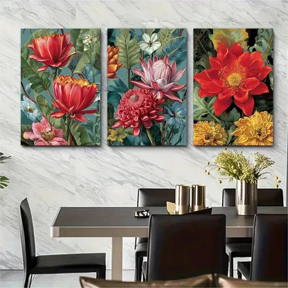 3pcs Indonesian Floral Southeast Asia Perfect Wall Art Set Canvas Framed 50x70cm - High Quality Print 100% Australian Made Wall Canvas Ready to Hang