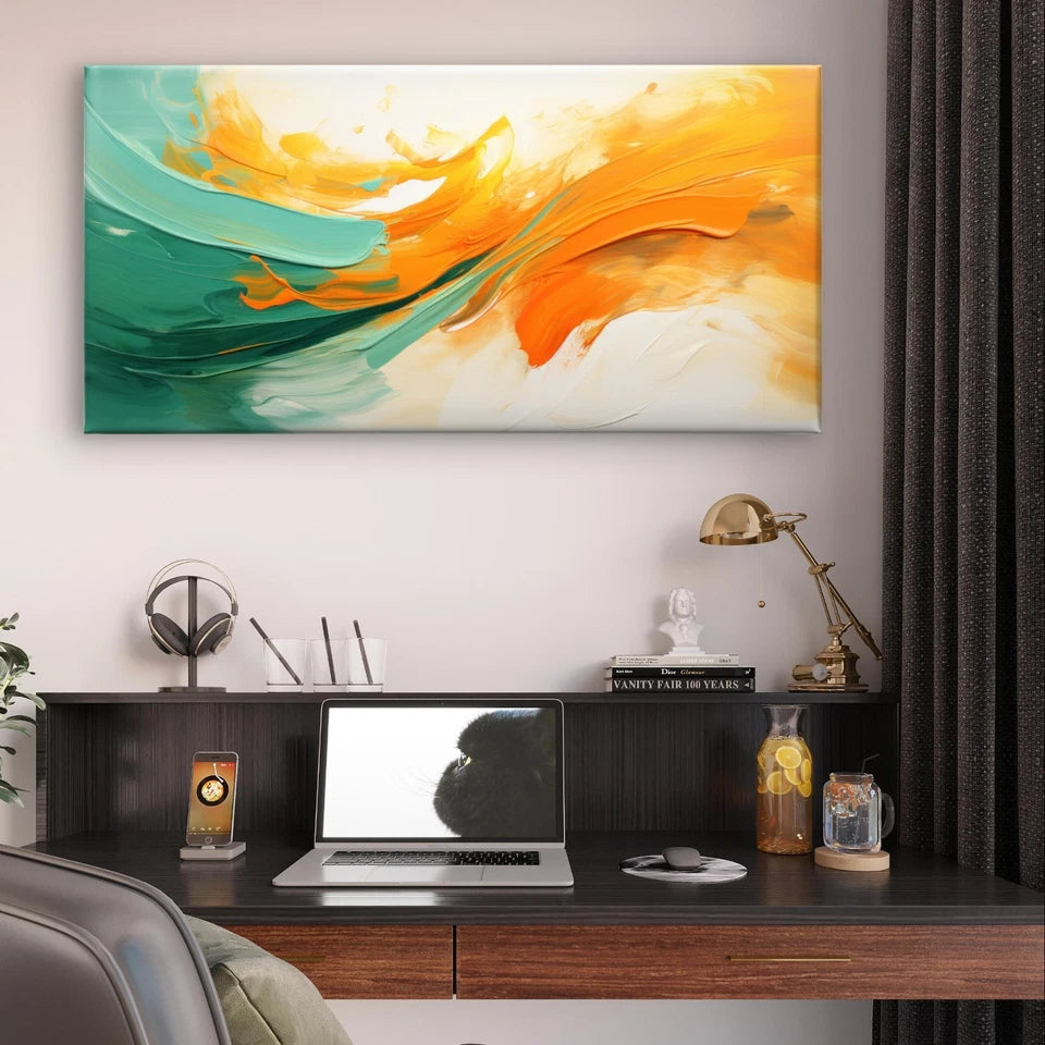Abstract Teal & Orange Fluid Paint Wall Art Canvas Office Home Framed 120x60cm