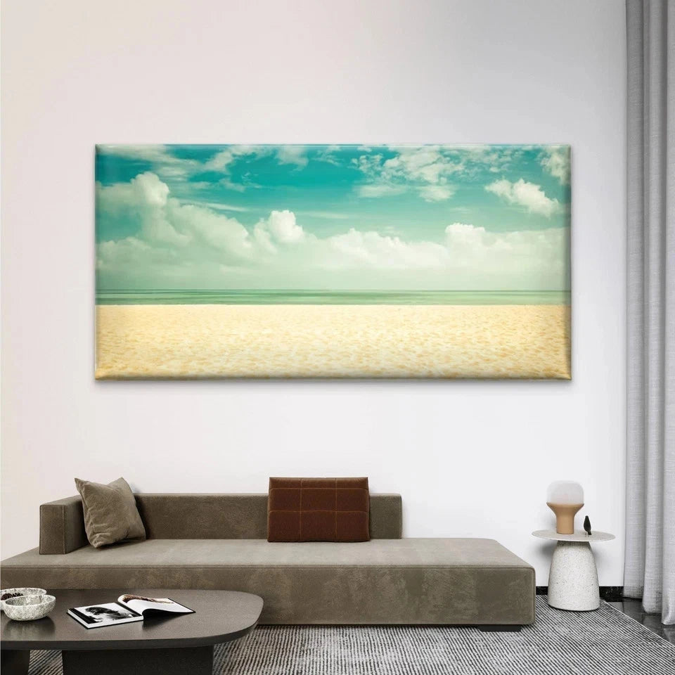 Sandy Shore & Turquoise Sky Wall Art Canvas Office Home Room Framed 120x60cm
