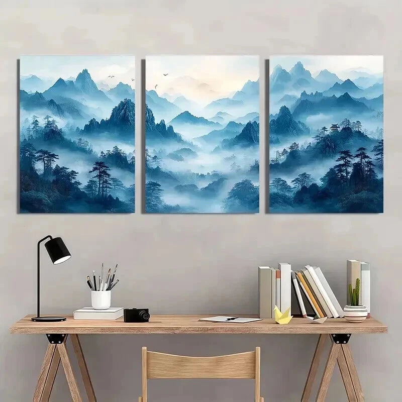 3pcs Chinese Style Blue Mountain Landscape Wall Art Set Canvas Framed 40x60cm - High Quality Print 100% Australian Made Wall Canvas Ready to Hang - Bella Home Decor