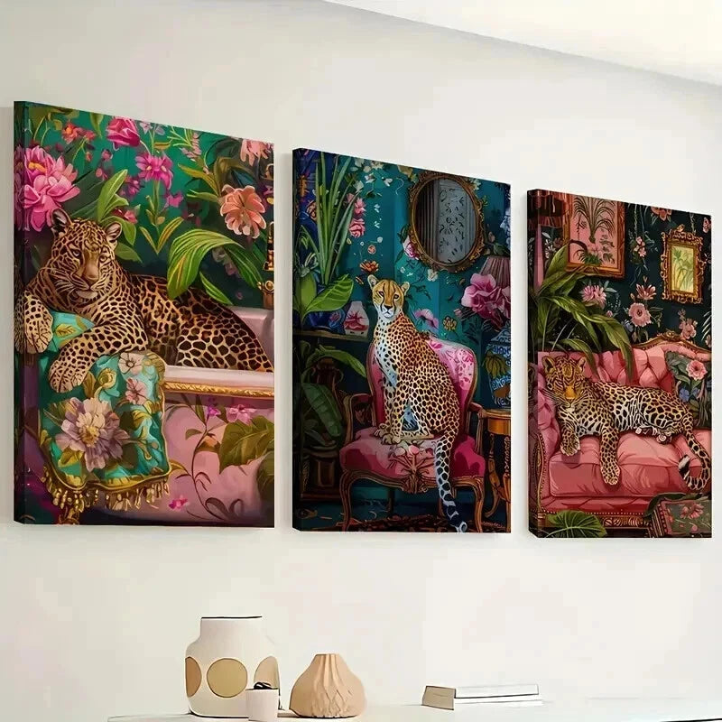 3pcs Three Cheetah Stylish Murals Perfect Wall Art Set Canvas Framed 50x70cm - High Quality Print 100% Australian Made Wall Canvas Ready to Hang - Bella Home Decor
