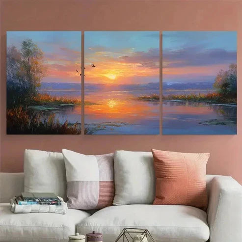 3pcs Sunset At Lake Continuous  Wall Art Set Canvas Unframed - High Quality Print 100% Australian Made Wall Canvas