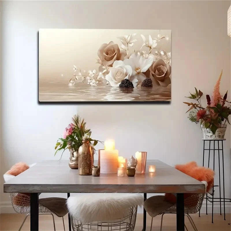 Beige & White Floral Water Wall Art Canvas Office Home Room Framed 120x60cm