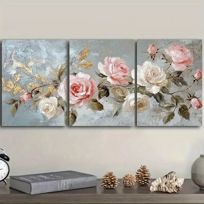 3pcs pink and white roses Wall Art Set Canvas Framed 50x70cm - High Quality Print 100% Australian Made Wall Canvas Ready to Hang