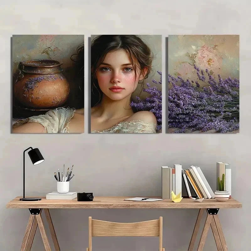 3pcs The Lavender Girl Fine Giclée Perfect Wall Art Set Canvas Framed 50x70cm - High Quality Print 100% Australian Made Wall Canvas Ready to Hang