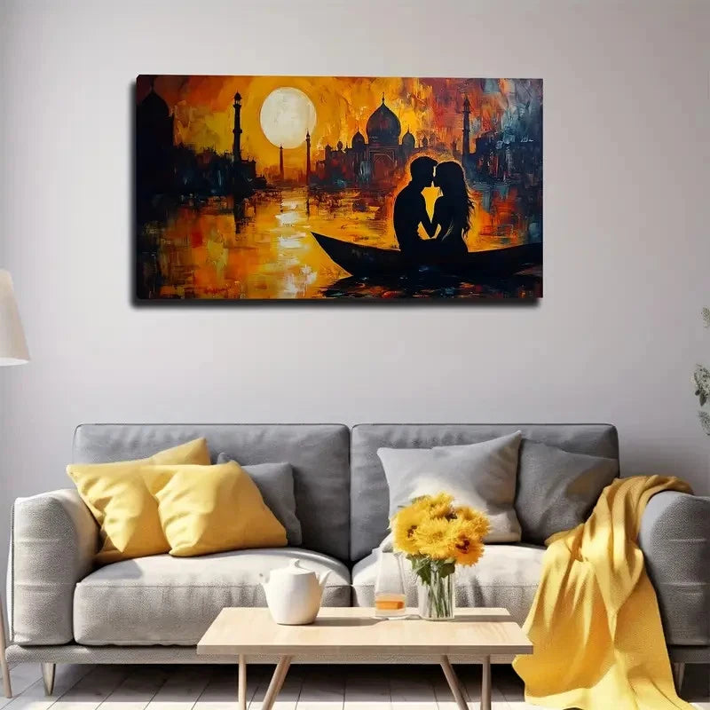 Sunset Boat Couple Wall Art Canvas Office Home Room Framed 120x60cm