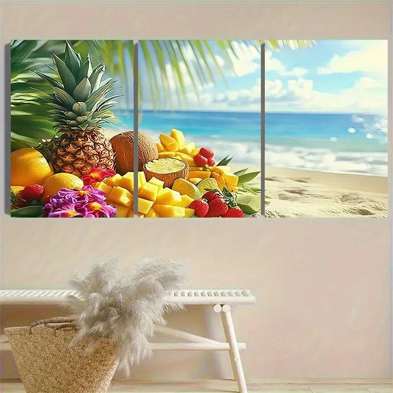 3pcs Tropical Fruits on Beach Wall Art Set Canvas Framed 40x60cm - High Quality Print 100% Australian Made Wall Canvas Ready to Hang - Bella Home Decor