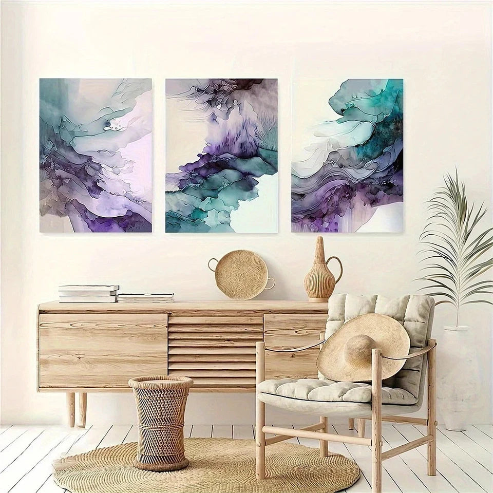3pcs Artificial Jade Abstract Purple Green Metal Print Ready to Hang Art - Bella Home Decor