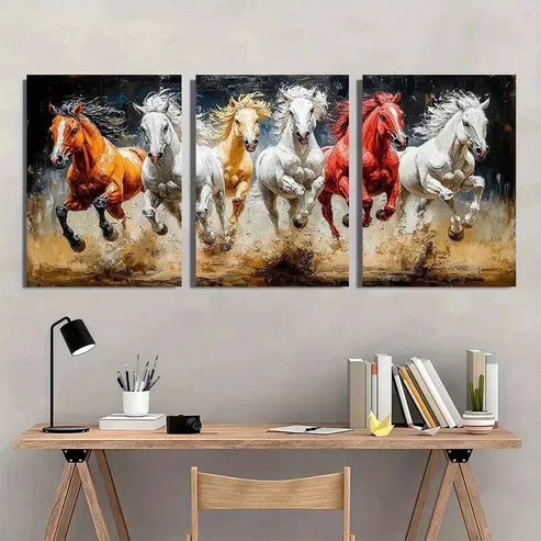3pcs Vintage White Brown Red Running Horses Wall Art Canvas Unframed - High Quality Print 100% Australian Made Wall Canvas