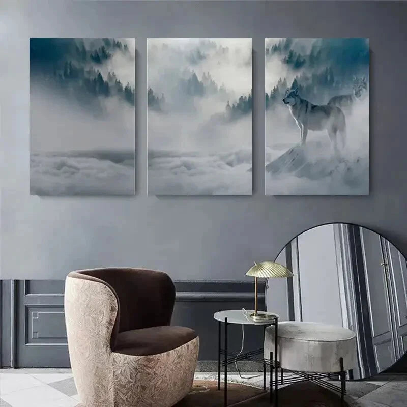 3pcs Wolf in Misty Mountains Snowy Forest Metal Print Ready to Hang Art - Bella Home Decor