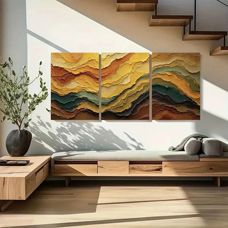 3pcs Abstract Golden Yellow & Moss Green Metal Print Ready to Hang Art - Bella Home Decor