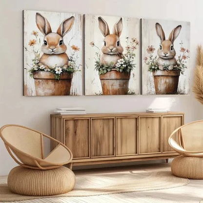 3pcs Cute Little Rabbit Flower Pot Elegant Wall Art Set Canvas Unframed - High Quality Print 100% Australian Made Wall Canvas - Bella Home Decor