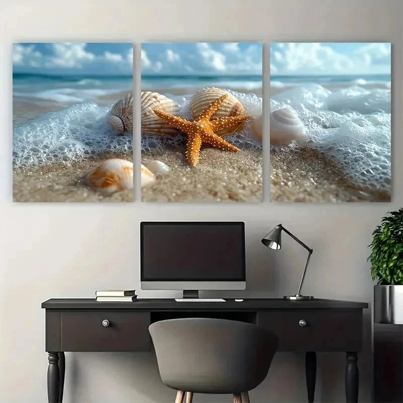 3pcs Starfish And Seashells Washing Perfect Wall Art Set Canvas Framed 50x70cm - High Quality Print 100% Australian Made Wall Canvas Ready to Hang
