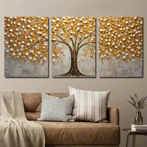 3pcs Golden Black and White Tree Texture Wall Art Set Canvas Unframed - High Quality Print 100% Australian Made Wall Canvas - Bella Home Decor