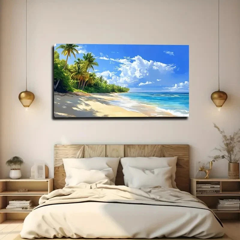Beach Scene with Palm Trees Wall Art canvas office home room framed 120x60cm - Bella Home Decor