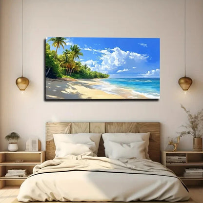 Beach Scene with Palm Trees Wall Art canvas office home room framed 120x60cm - Bella Home Decor