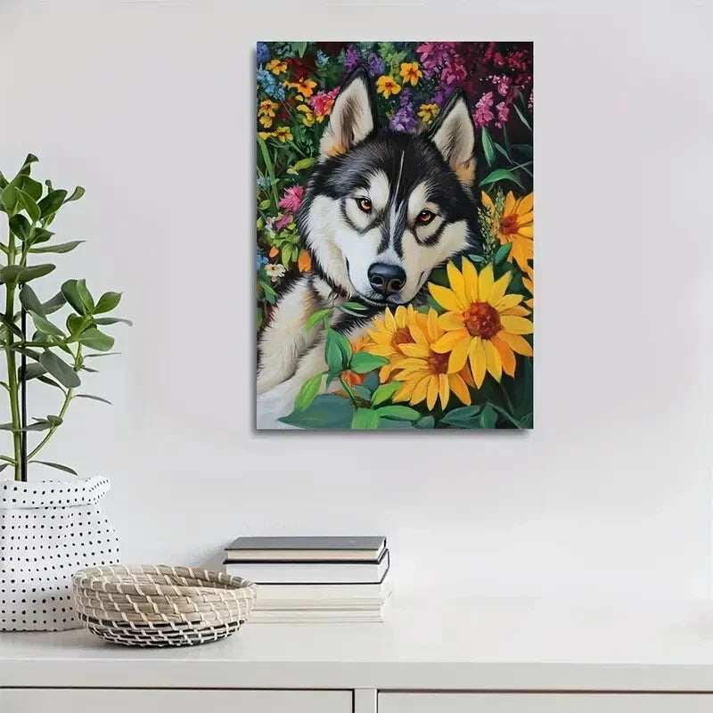 Flowers And Plants Cute Chow Chow Dog Painting 40x60cm Metal Print Ready to Hang - Bella Home Decor