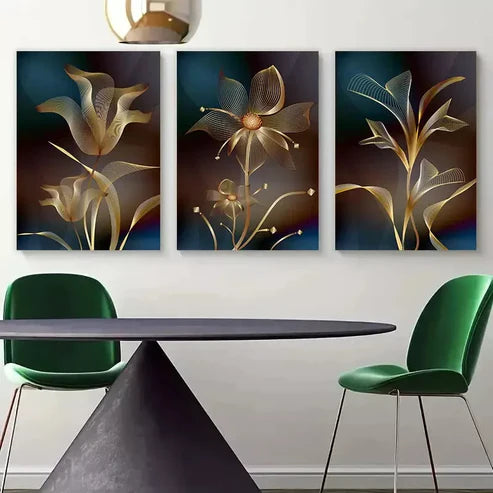 3pcs Vintage Wall Art Abstract Golden Flower Canvas Framed 60x90cm - High Quality Print 100% Australian Made Wall Canvas Ready to Hang - Bella Home Decor