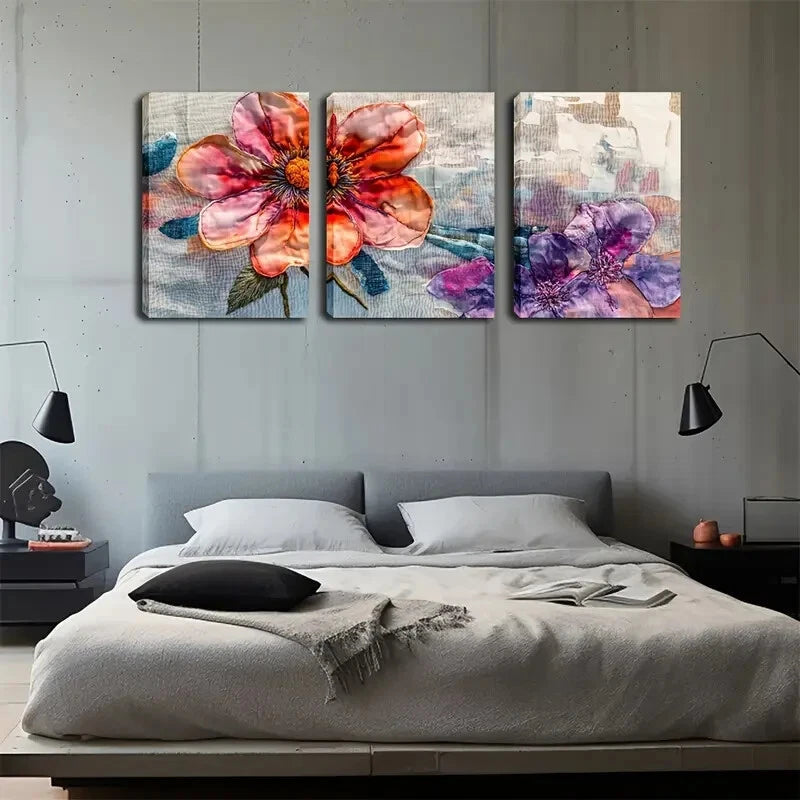 3pcs Red Flowers And Purple Leaves Décor Perfect Wall Art Set Canvas Framed 40x60cm - High Quality Print 100% Australian Made Wall Canvas Ready to Hang - Bella Home Decor