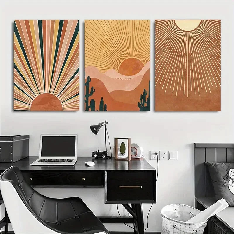 3pcs Vibrant Orange Desert Sun Bohemian Metal Print Ready to Hang Art