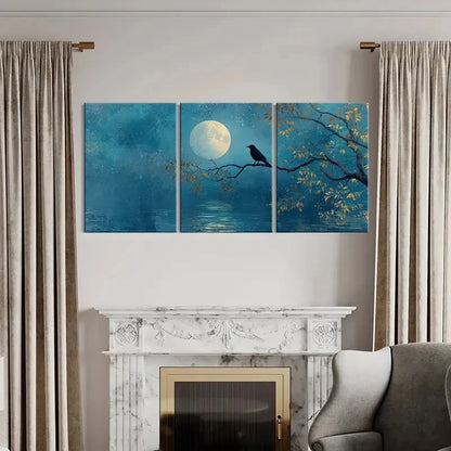 3pcs Black Bird, Autumn Leaves Night, Serene  Wall Art Set Canvas Framed 50x70cm - High Quality Print 100% Australian Made Wall Canvas Ready to Hang - Bella Home Decor