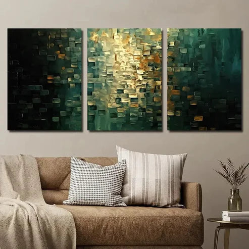 3pcs Vintage Golden And Dark Teal Geometric Wall Art Set Canvas Unframed - High Quality Print 100% Australian Made Wall Canvas