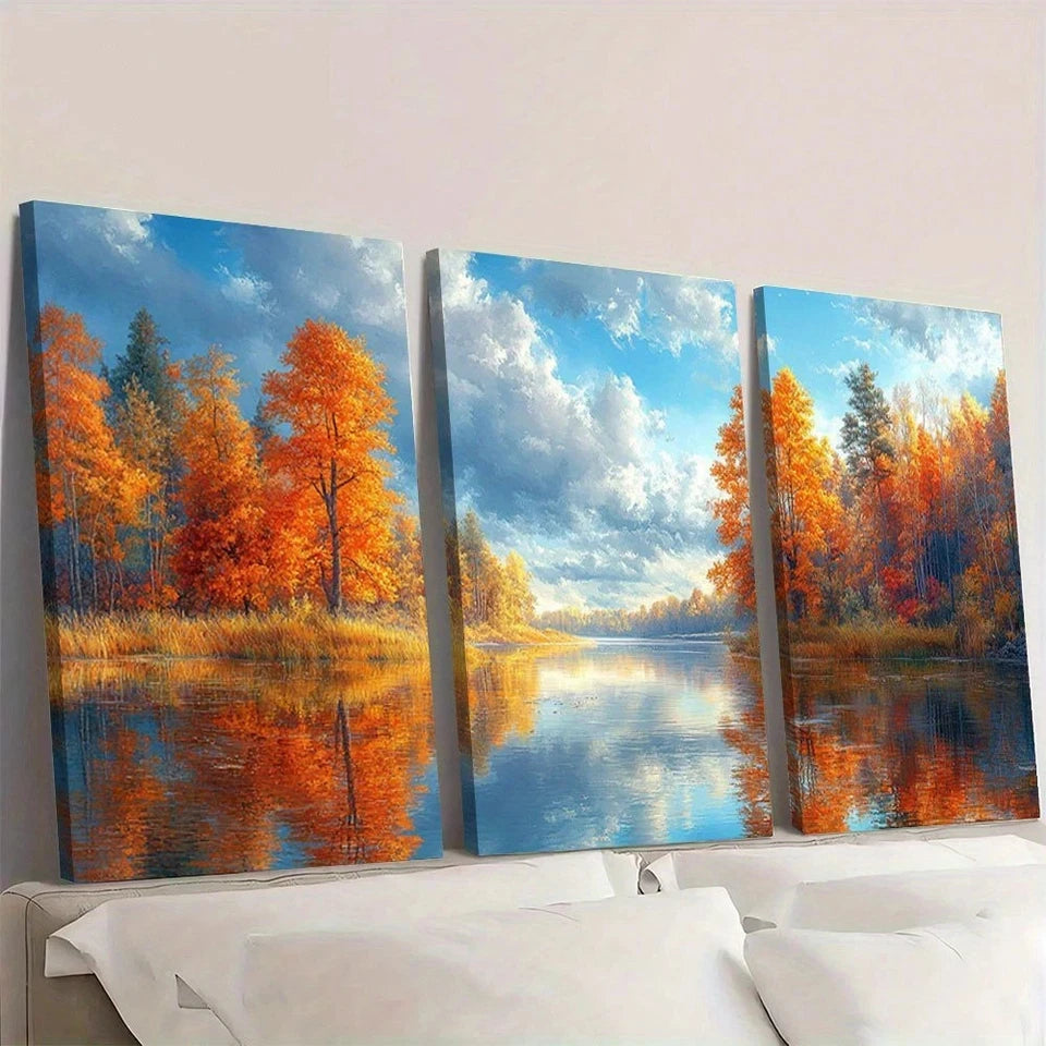 3pcs Vibrant Autumn Colorful Tree River Wall Art Set Canvas Framed 60x90cm - High Quality Print 100% Australian Made Wall Canvas Ready to Hang - Bella Home Decor