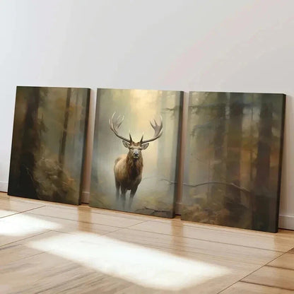 3pcs Vintage Red Deer in Foggy Forest Wall Art Set Canvas Framed 40x60cm - High Quality Print 100% Australian Made Wall Canvas Ready to Hang - Bella Home Decor