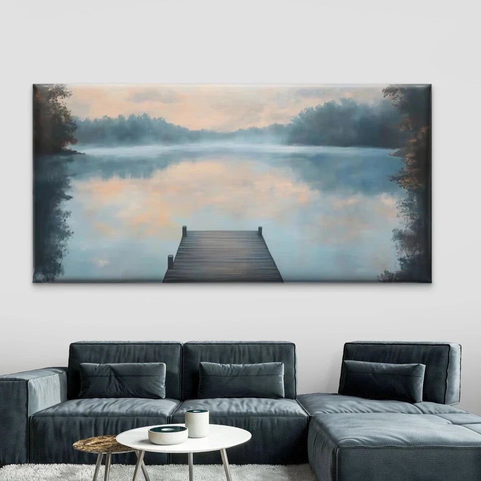 Lake Dock Dawn Scenic Landscape Wall Art Canvas Office Home Room Framed 120x60cm