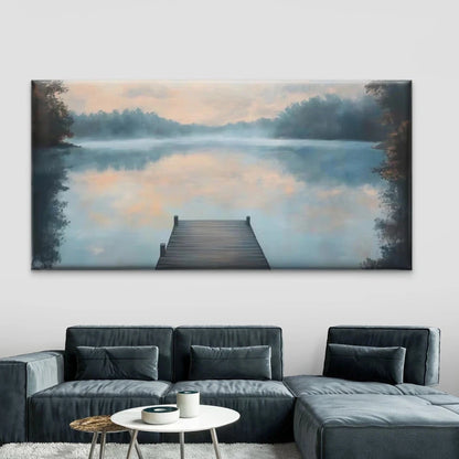 Lake Dock Dawn Scenic Landscape Wall Art Canvas Office Home Room Framed 120x60cm