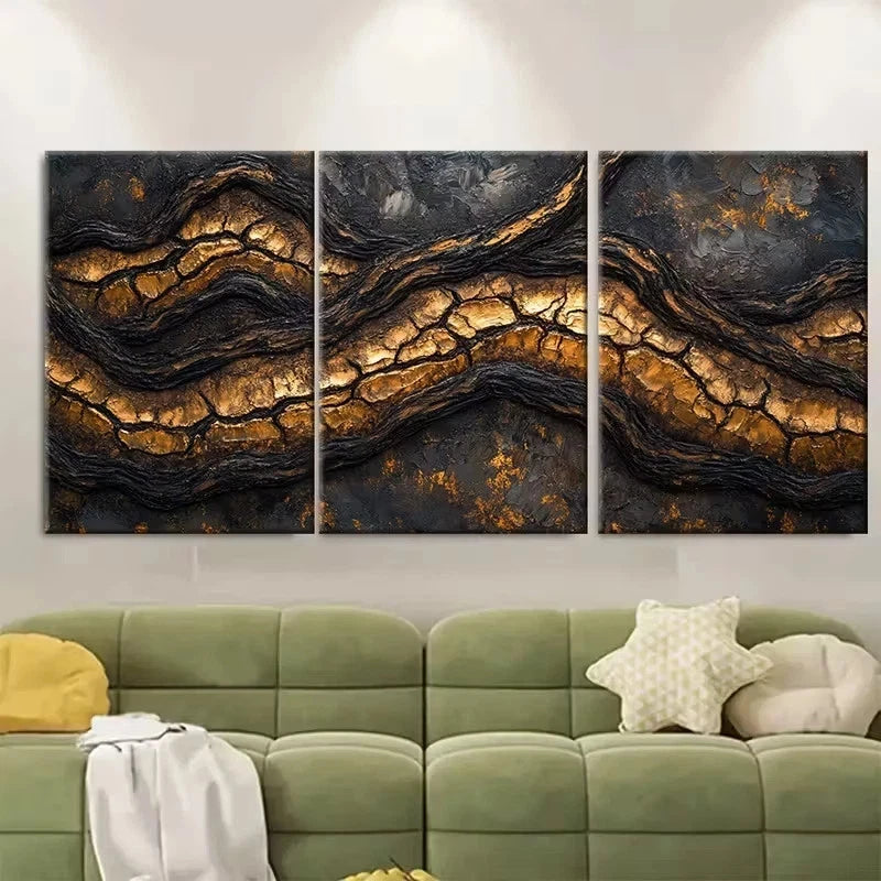 3pcs Black Brown Tree Bark, Deep Amber Golden Wall Art Set Canvas Framed 50x70cm - High Quality Print 100% Australian Made Wall Canvas Ready to Hang