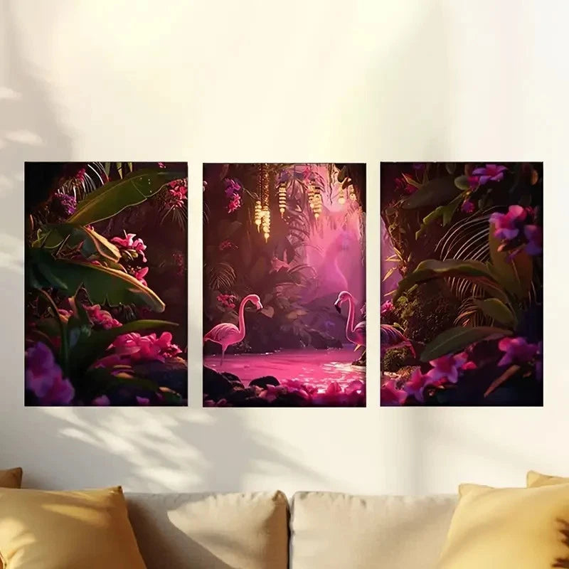 3pcs Scene of Flamings in Jungle Wall Art Set Canvas Framed 40x60cm - High Quality Print 100% Australian Made Wall Canvas Ready to Hang