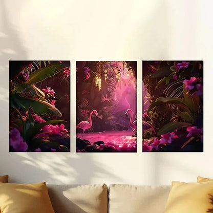 3pcs Scene of Flamings in Jungle Wall Art Set Canvas Framed 40x60cm - High Quality Print 100% Australian Made Wall Canvas Ready to Hang