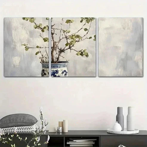 3pcs Blue & White Porcelain Vase with Branches Art Set Canvas Unframed - High Quality Print 100% Australian Made Wall Canvas - Bella Home Decor