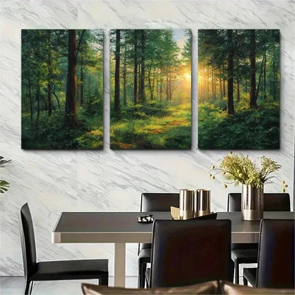 Three-panel painting of a forest scene with sunlight on a wall above a dining table.