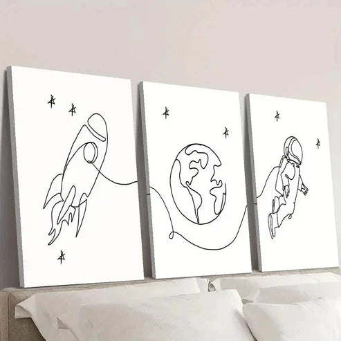 3pcs Earth Rocket Astronaut Line Drawings Wall Art Set Canvas Unframed - High Quality Print 100% Australian Made Wall Canvas - Bella Home Decor