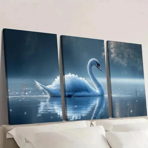 3pcs Mystical Blue Feathered Swans E Wall Art Set Canvas Unframed - High Quality Print 100% Australian Made Wall Canvas