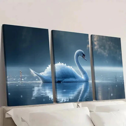 3pcs Mystical Blue Feathered Swans E Wall Art Set Canvas Unframed - High Quality Print 100% Australian Made Wall Canvas