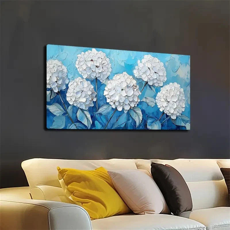 Blue Background & White Flower Wall Art canvas office home room framed 120x60cm - Bella Home Decor
