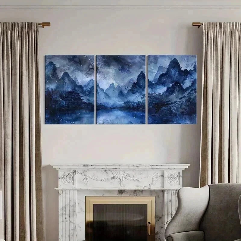 3pcs Bluish Chinese Traditional Landscape Metal Print Ready to Hang Art - Bella Home Decor