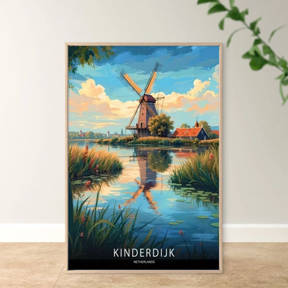 Kinderdijk Netherlands Greenery & Reflective Travel Poster Print Wall Art