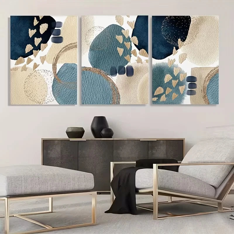 3pcs Blue and Golden Abstract Art   Wall Art Set Canvas Framed 40x60cm - High Quality Print 100% Australian Made Wall Canvas Ready to Hang - Bella Home Decor